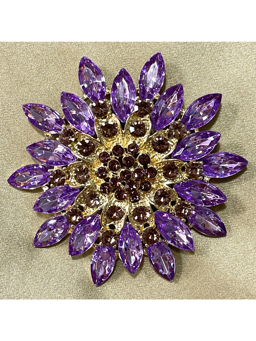 Classic Starburst Gold Tone Purple Rhinestone Flower Floral Brooch Pin Statement